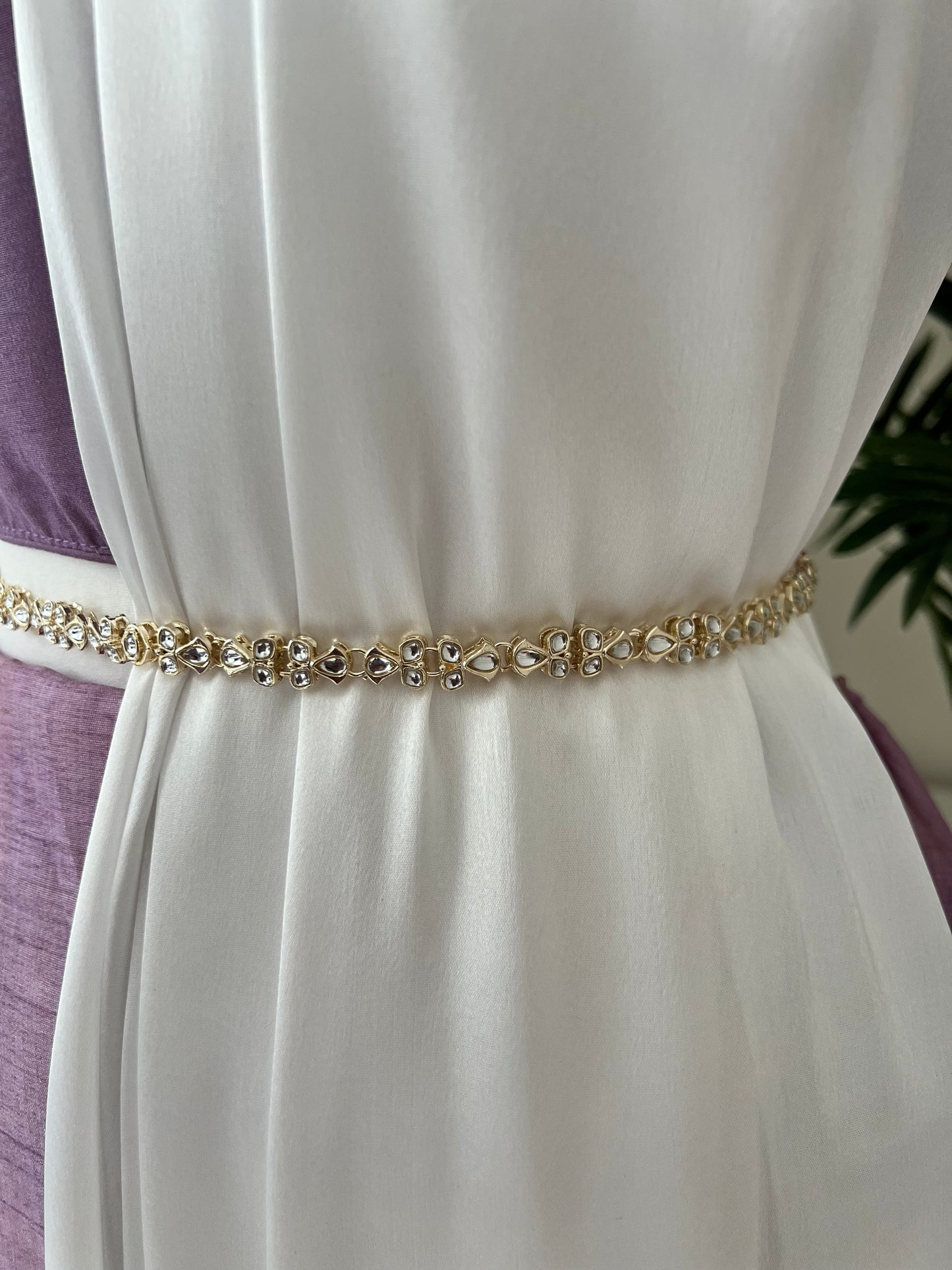 Classic white gold plated waistchain with kundan stones W3019