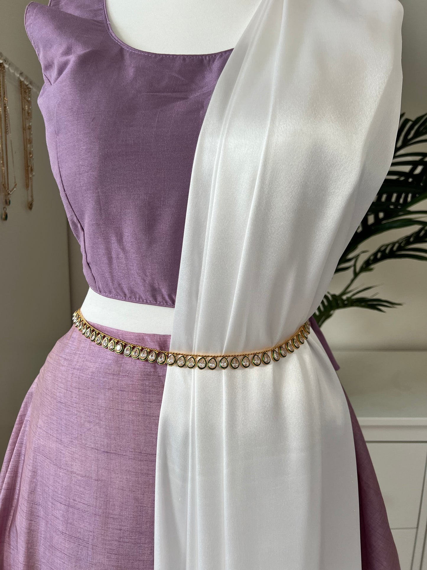 Antique green painted big tear drop shaped white stoned, gold painted waistchain W3003