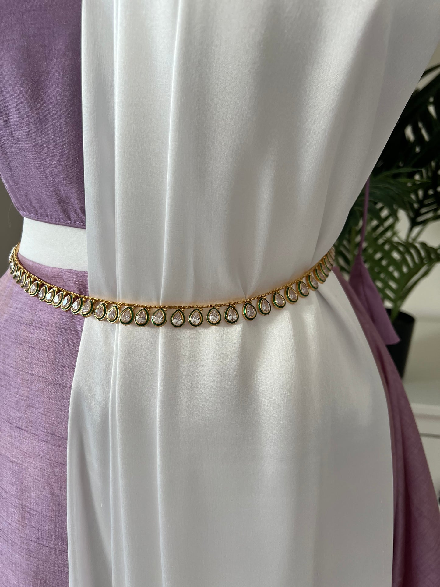 Antique green painted big tear drop shaped white stoned, gold painted waistchain W3003