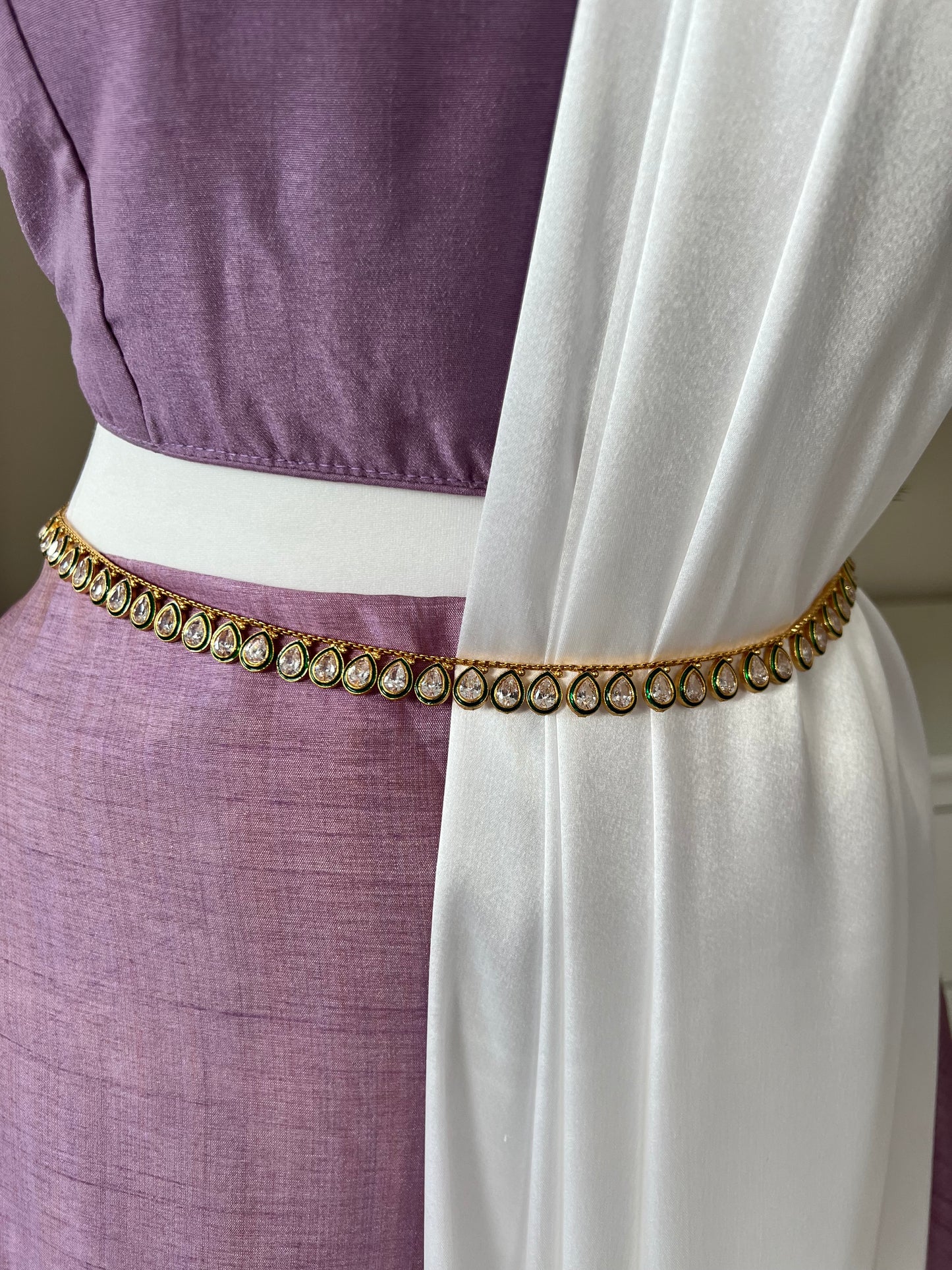 Antique green painted big tear drop shaped white stoned, gold painted waistchain W3003