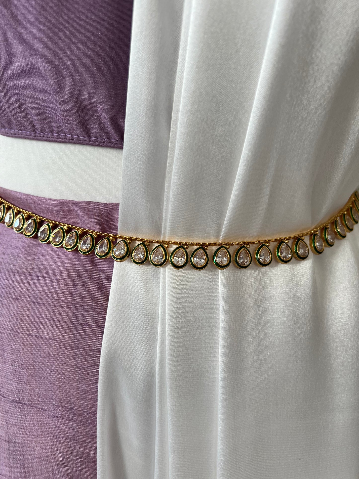 Antique green painted big tear drop shaped white stoned, gold painted waistchain W3003