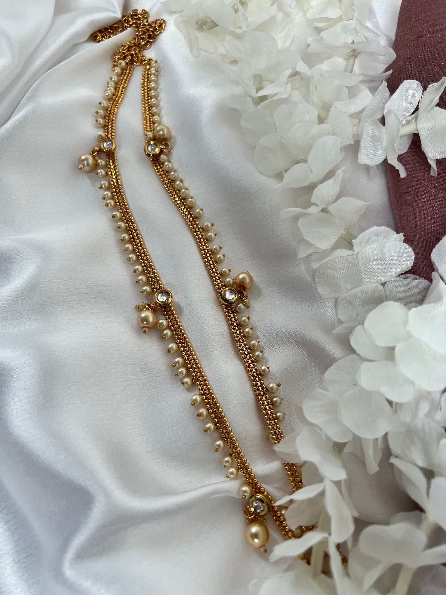 Antique gold plated waistchain with kundan round stones and pearls W3004