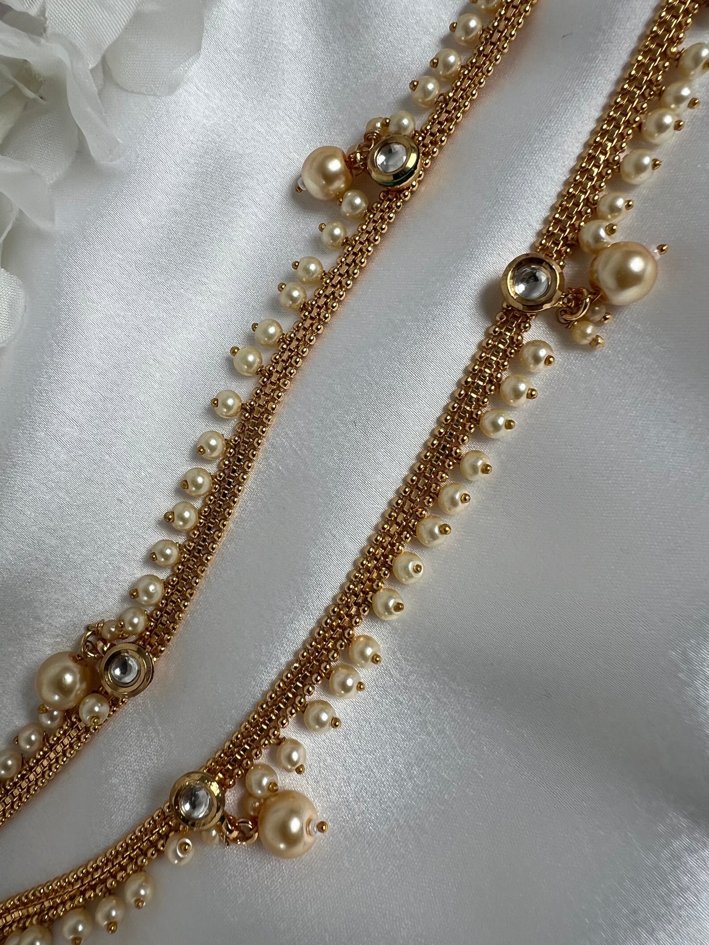 Antique gold plated waistchain with kundan round stones and pearls W3004