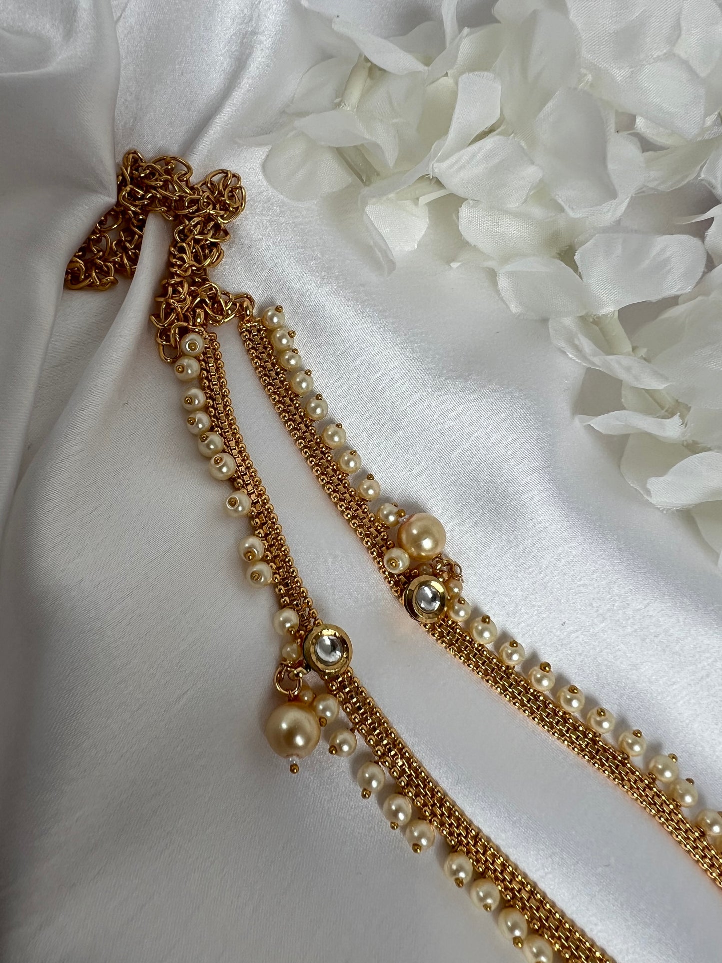 Antique gold plated waistchain with kundan round stones and pearls W3004