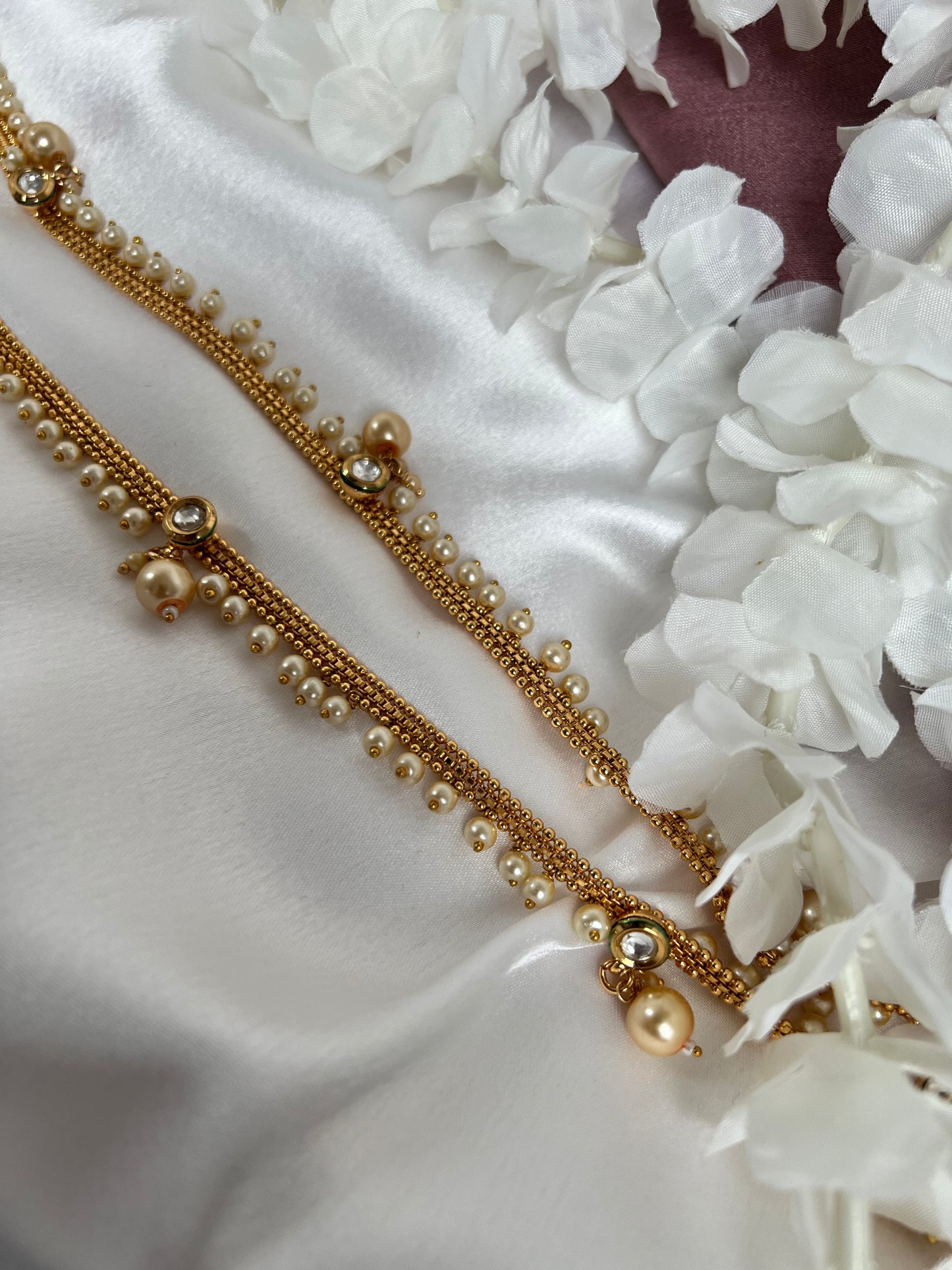 Antique gold plated waistchain with kundan round stones and pearls W3004
