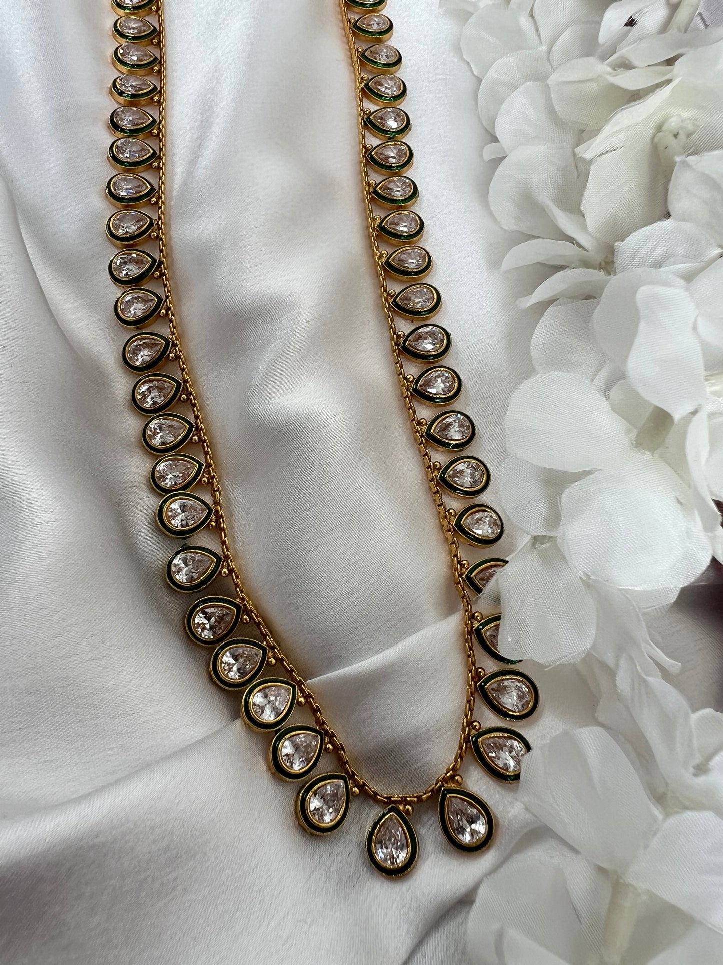 Antique green painted big tear drop shaped white stoned, gold painted waistchain W3003