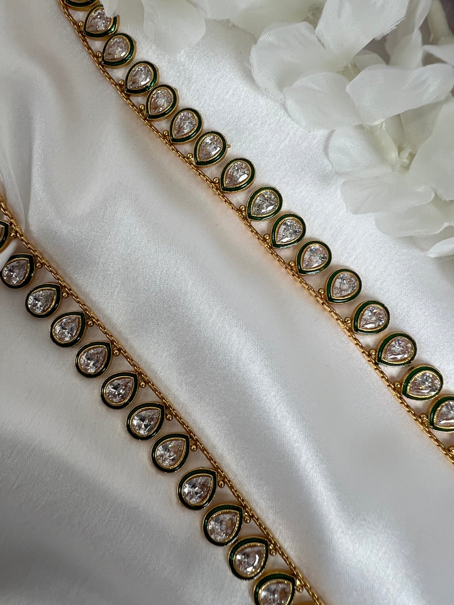 Antique green painted big tear drop shaped white stoned, gold painted waistchain W3003