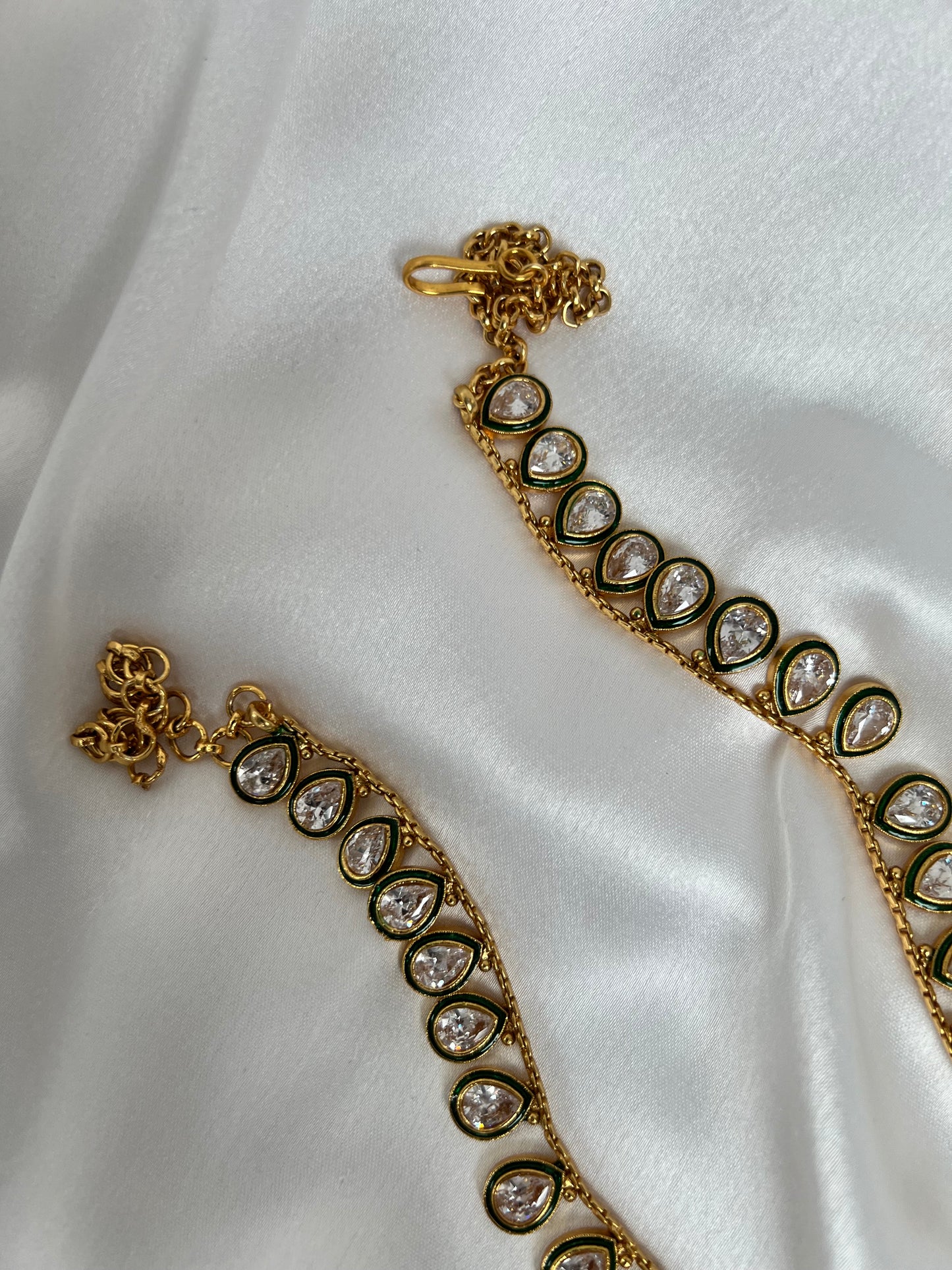 Antique green painted big tear drop shaped white stoned, gold painted waistchain W3003