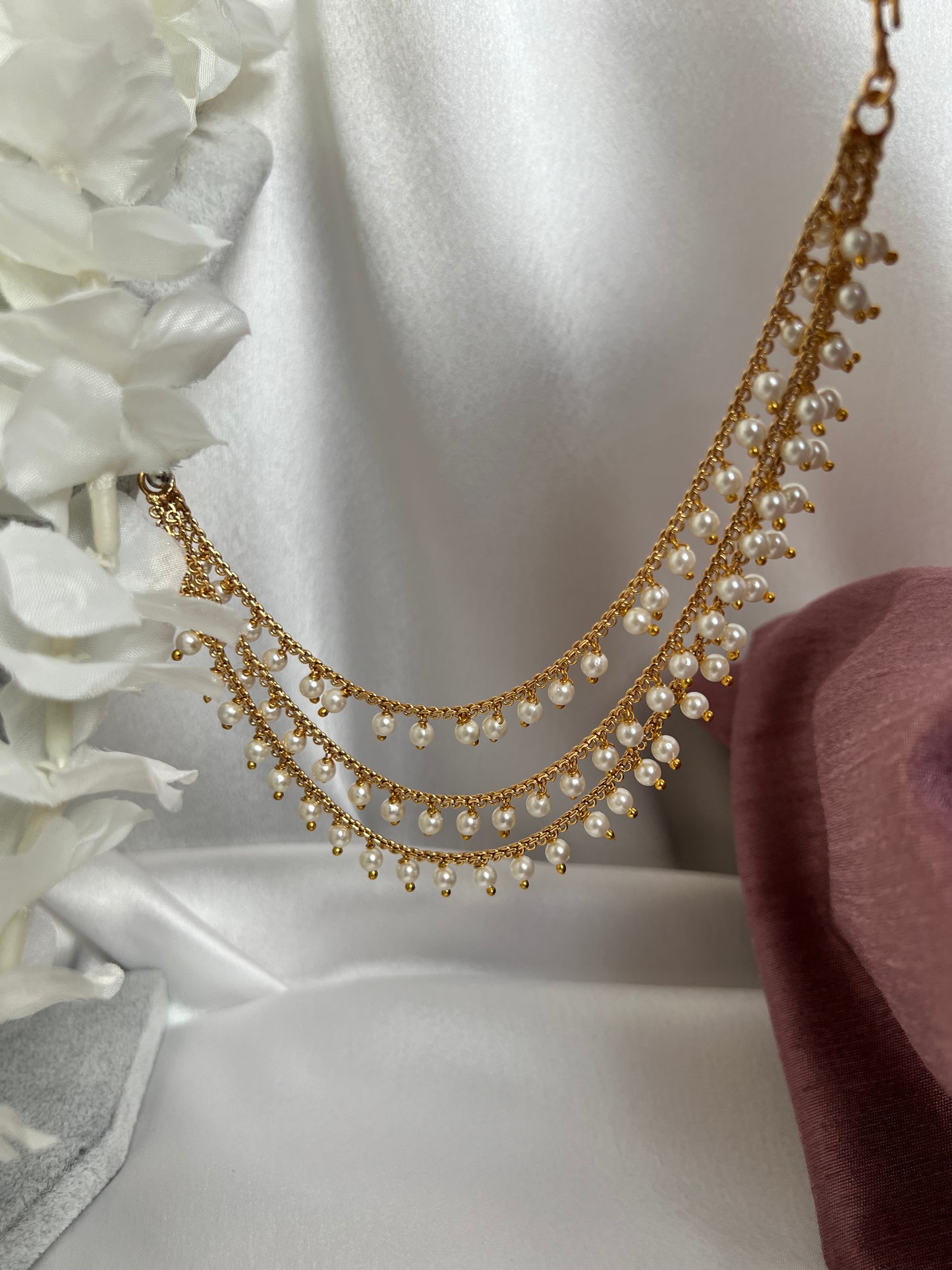 Three layered gold plated pearl ear chain, set of two EC3004