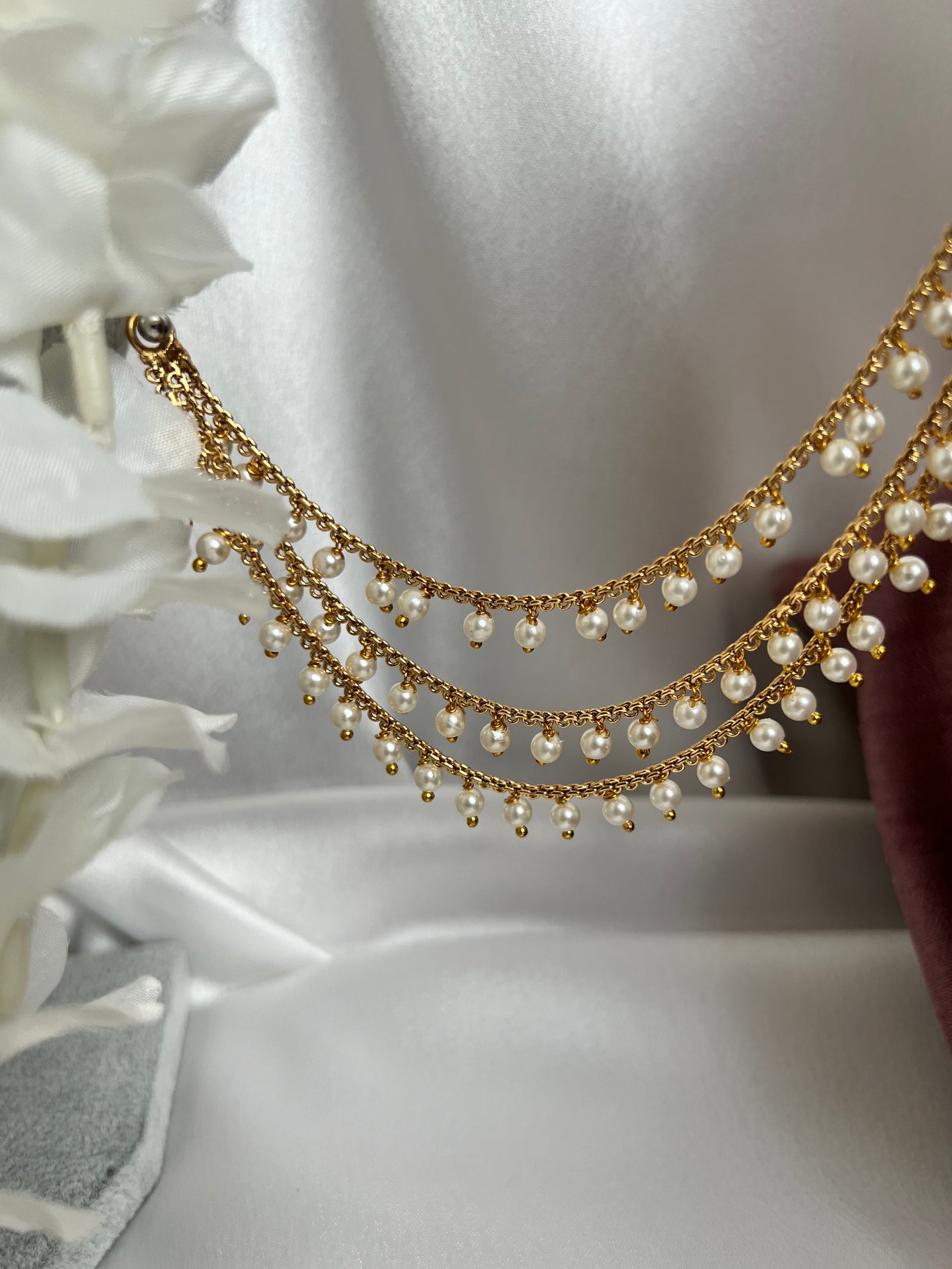 Three layered gold plated pearl ear chain, set of two EC3004