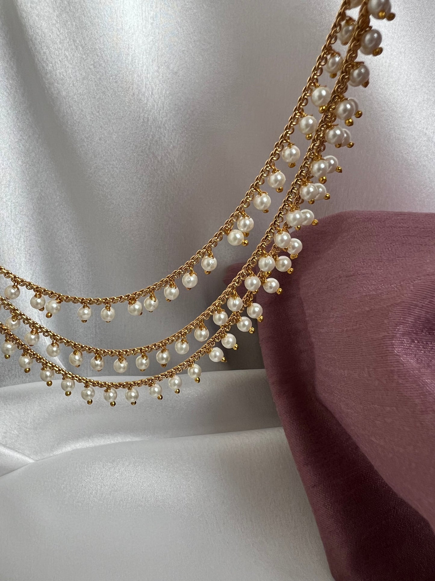 Three layered gold plated pearl ear chain, set of two EC3004