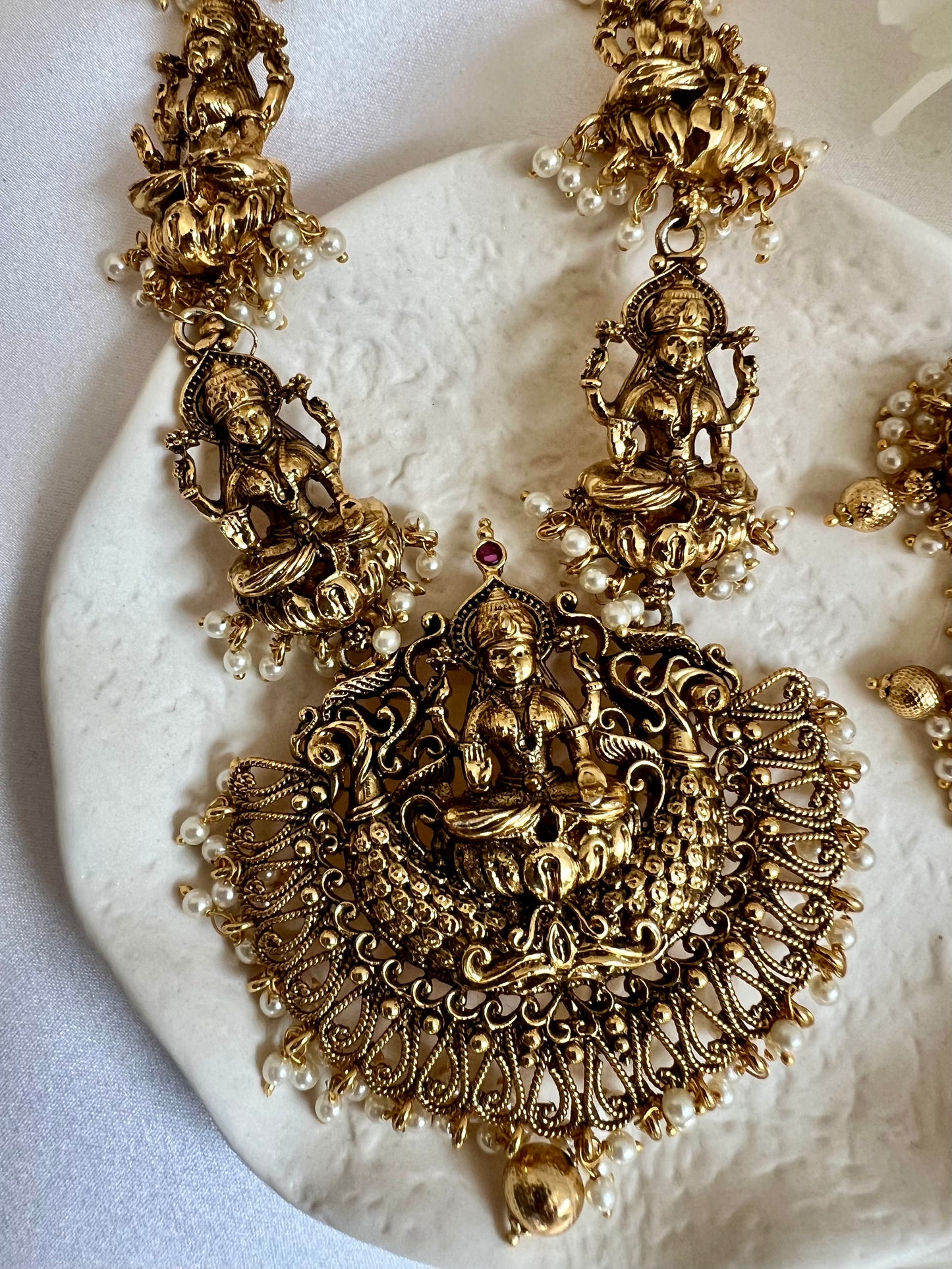 SHREYA - Bridal antique temple Lakshmi Haram pearl necklace with matching earringsN3098