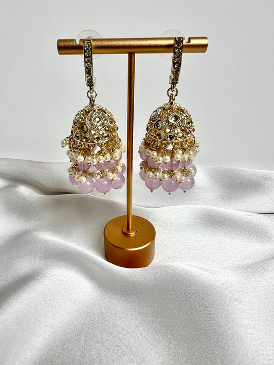 Light purple beaded gold plated jumkha earrings E3008