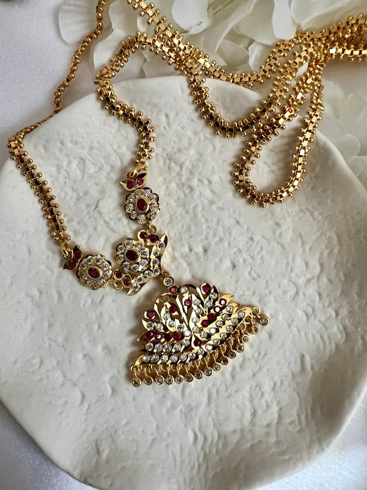 RAKITA - Long traditional impon pendant necklace with white and ruby stones N3074