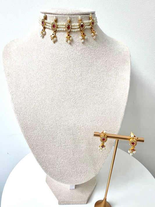 AADHIRA - Impon pearl choker in ruby and white stones with matching earrings  N3266