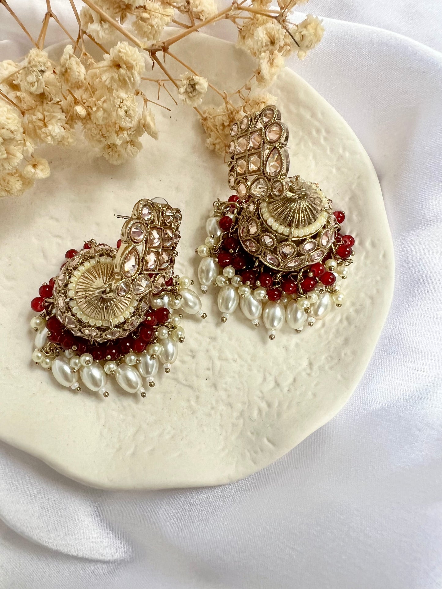 Antique mehndi plated maroon pearl jhumka earrings E3009