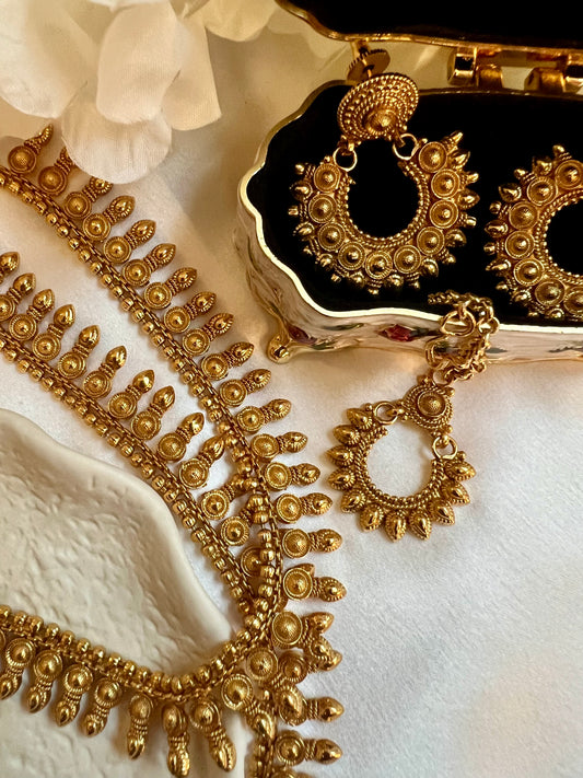 OVIYA - Bridal gold plated long and short necklace set with earrings and uchi pattam/tikka N3019