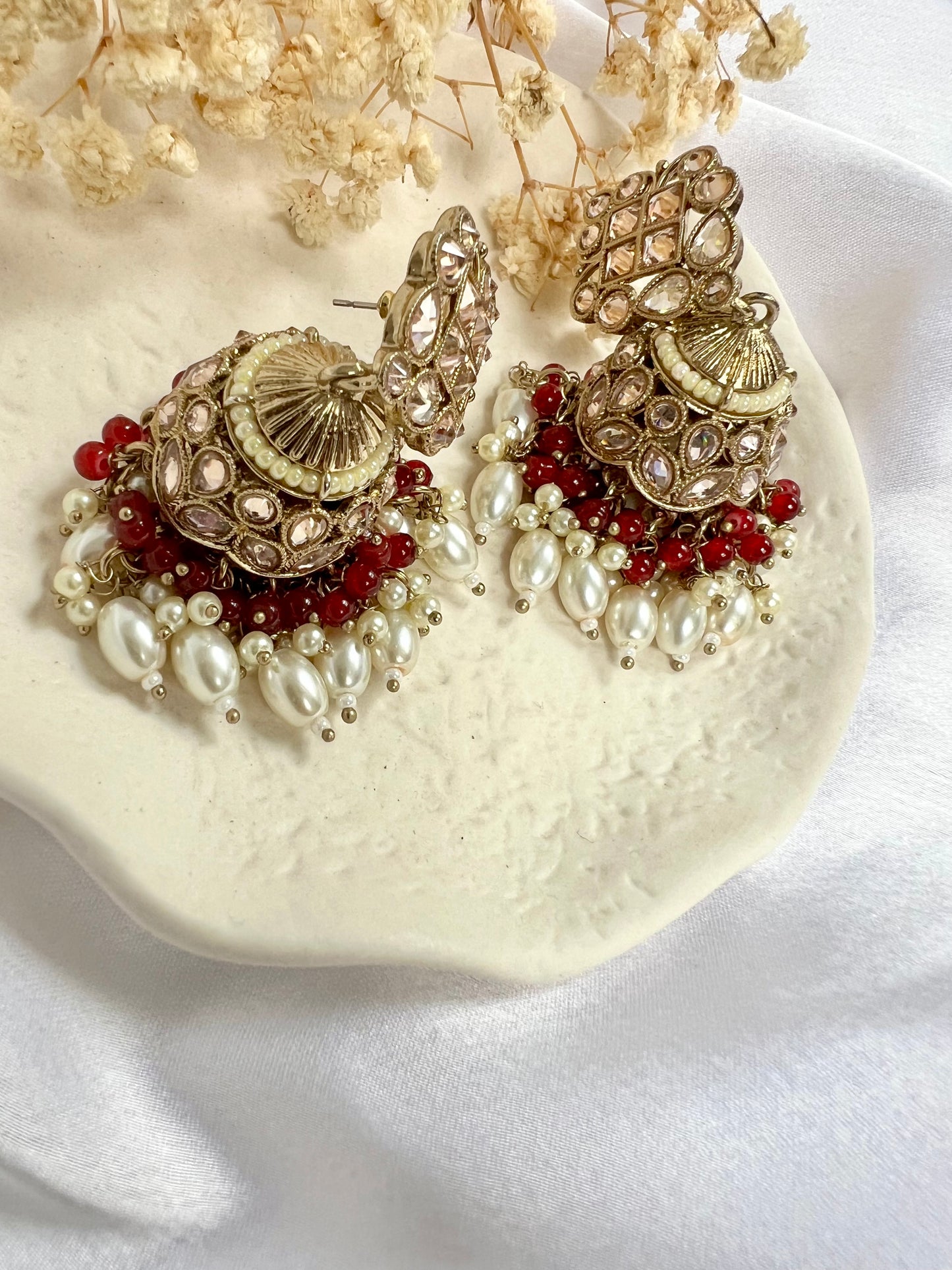 Antique mehndi plated maroon pearl jhumka earrings E3009