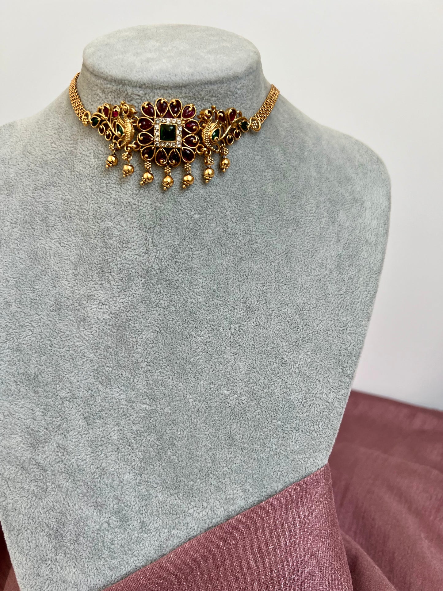 KIYA - Small peacock choker in rubygreen, golden ball choker set with small jhumkas N3130