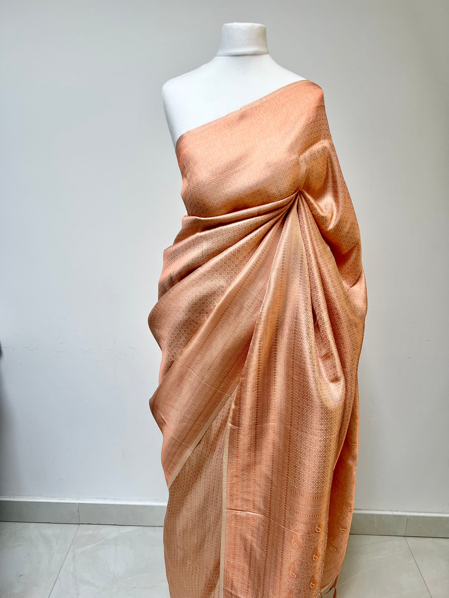 Rose gold Kubera silk saree with tassels and blouse material attached S3010