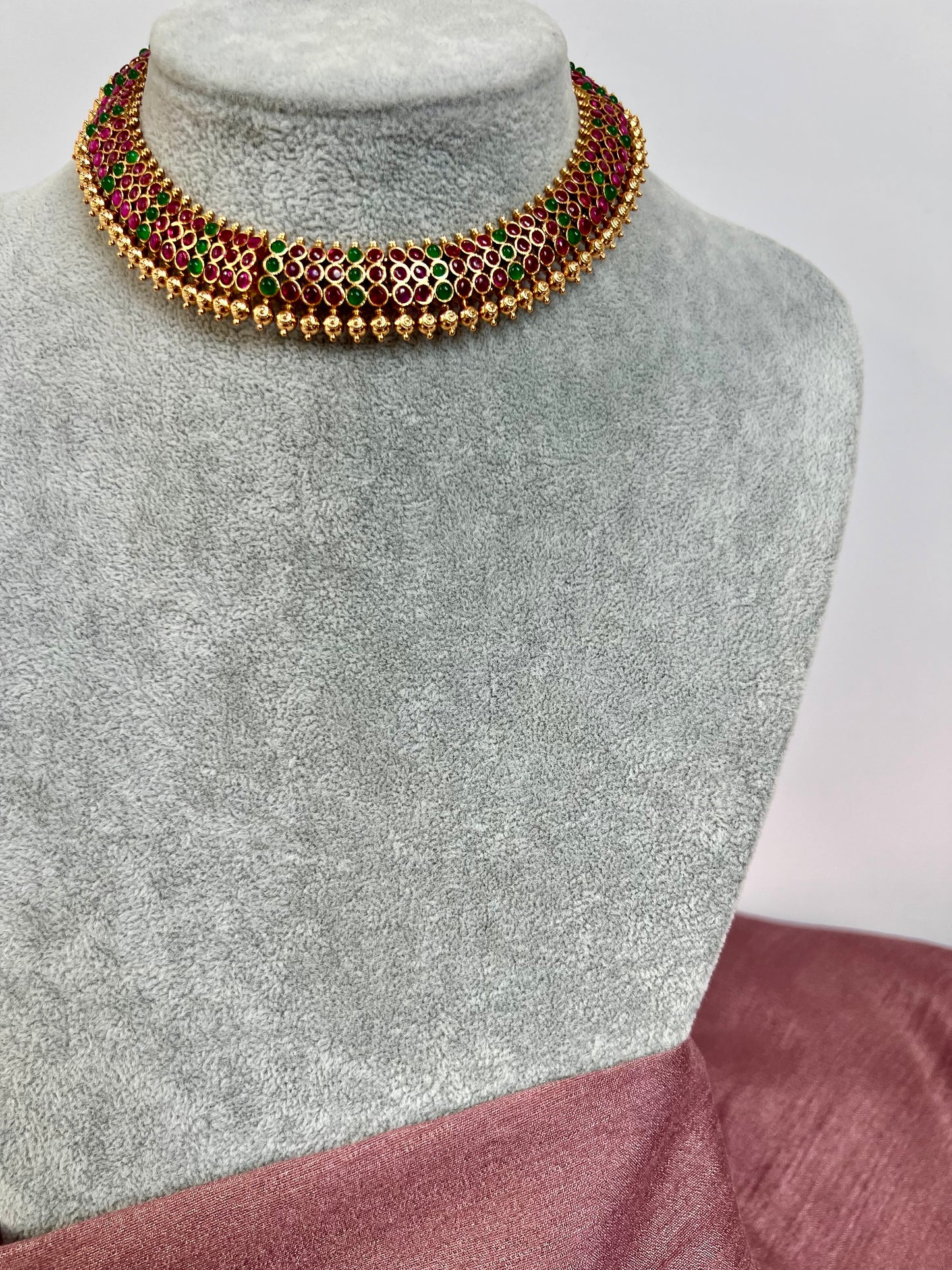 ABINAYA - Short antique rubygreen necklace band with jhumkas N3053