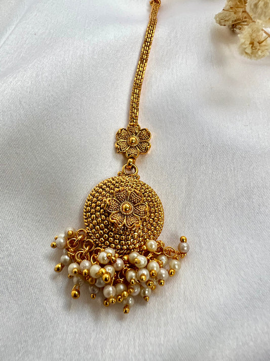 Small traditional gold plated white pearls maang tikka T3004