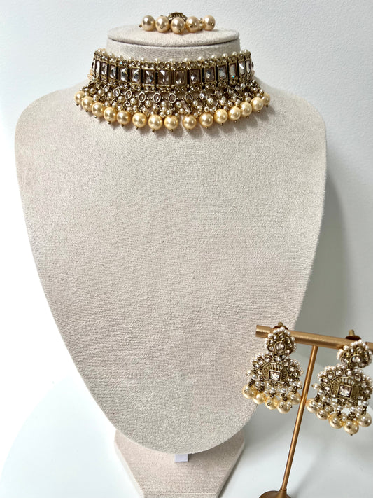 ANANTHIYA - Mehndi plated ivory pearl necklace with matching earrings and tikka N3298
