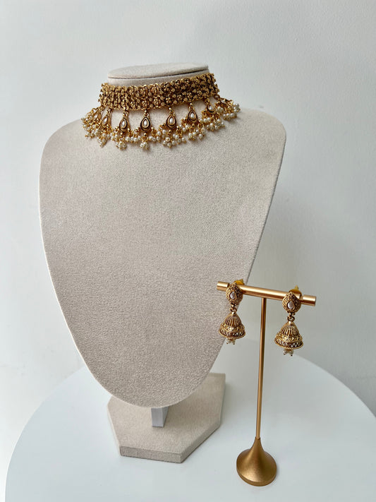 THIVIJA- Gold plated golden band necklace with dangling pearl gems N3297