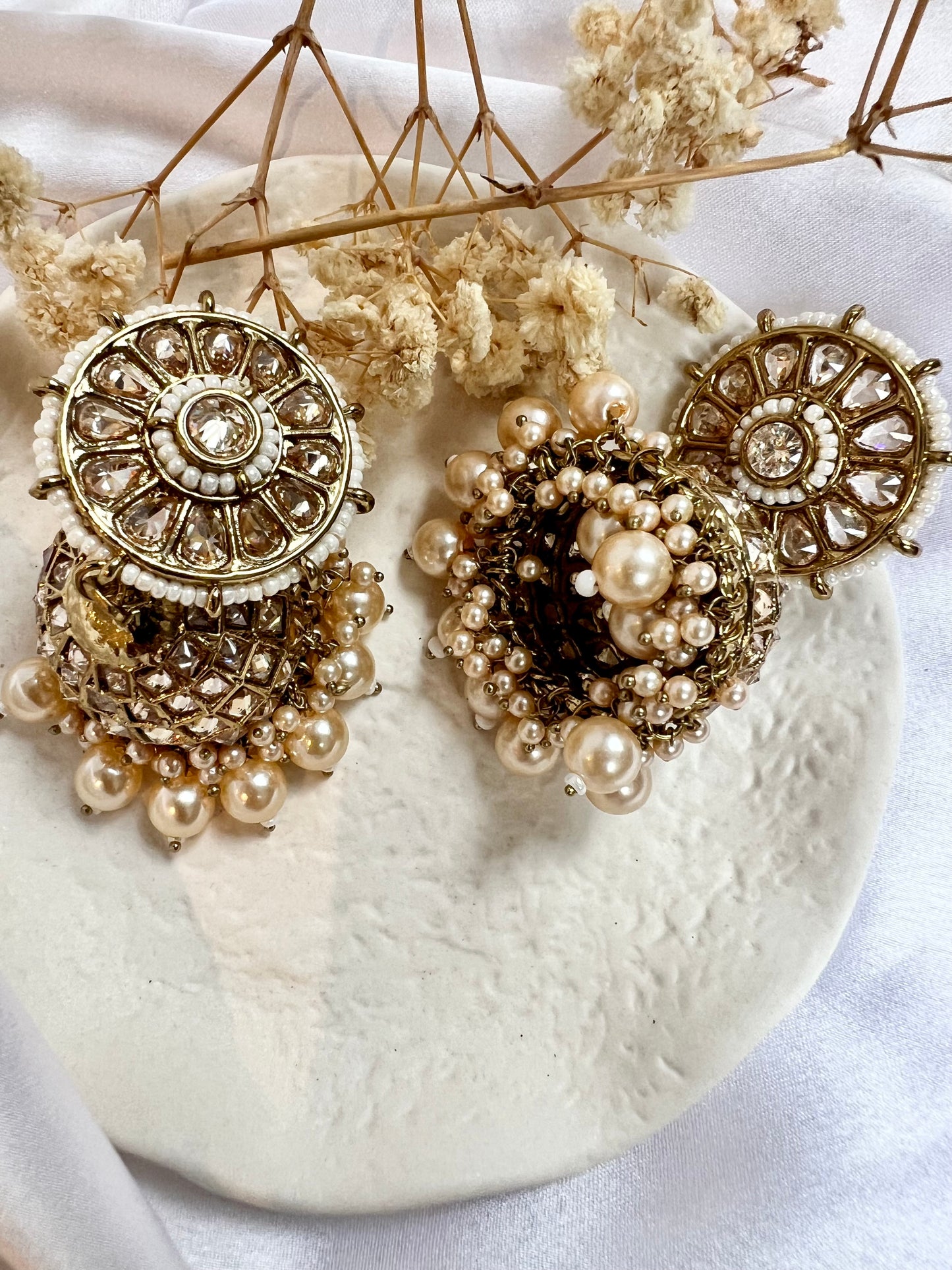 Big mehndi plated pearl and stone jhumka earrings E3041