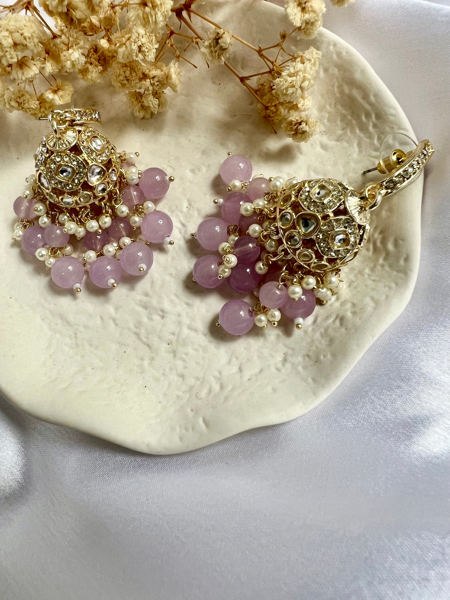 Light purple beaded gold plated jumkha earrings E3008