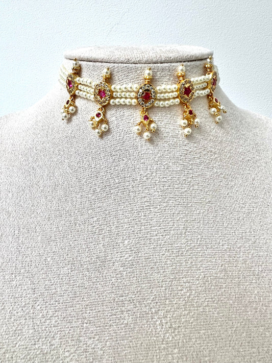 AADHIRA - Impon pearl choker in ruby and white stones with matching earrings  N3266