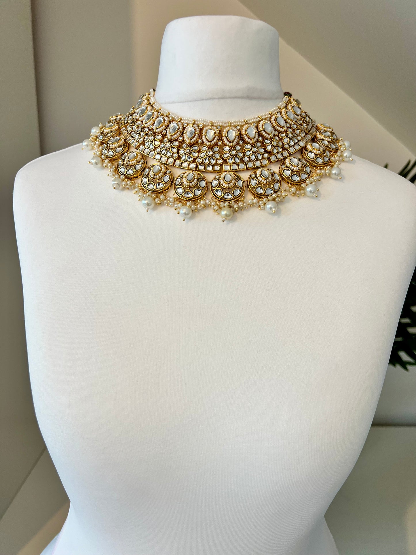 AVEENAS -Bridal high neck necklace set with earrings and tikka in white N3196