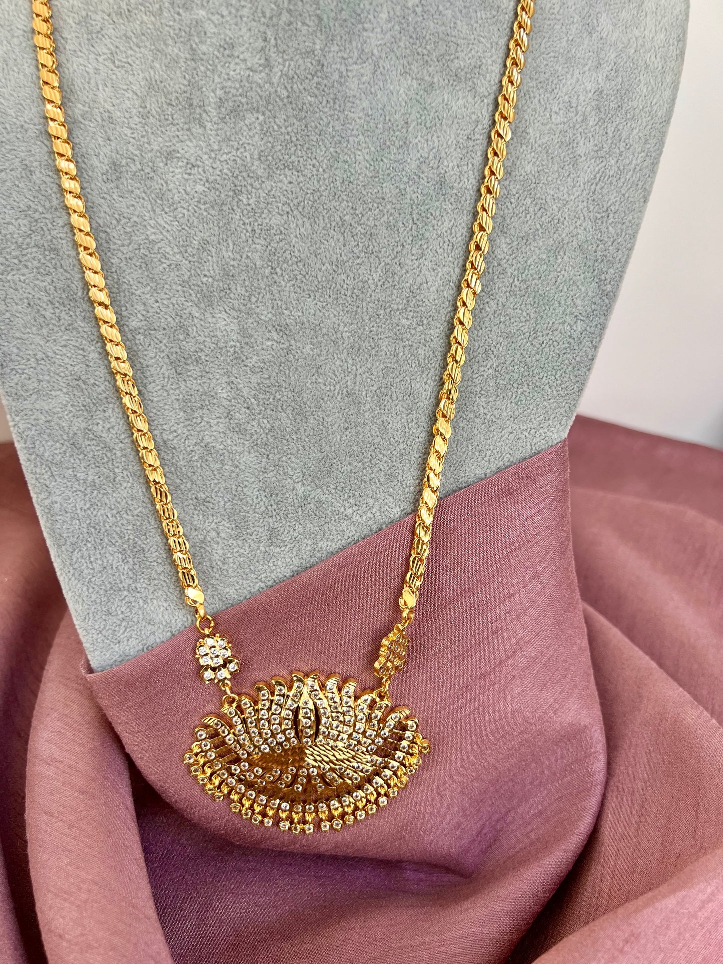 SOBIGA - Long 30inch lotus pathakkam necklace with white stones N3137