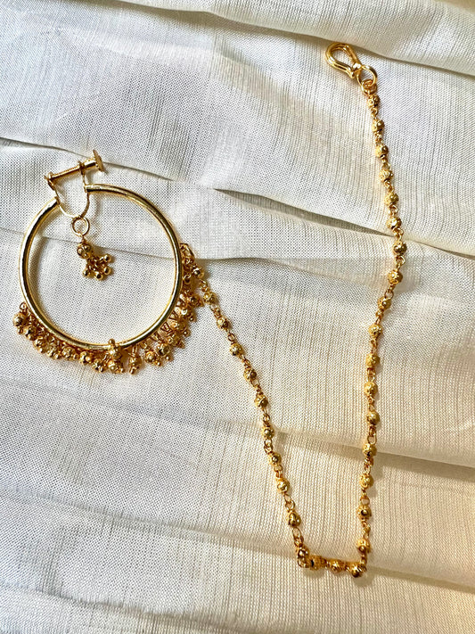 Antique gold plated large hooped nosering with chain NR3017