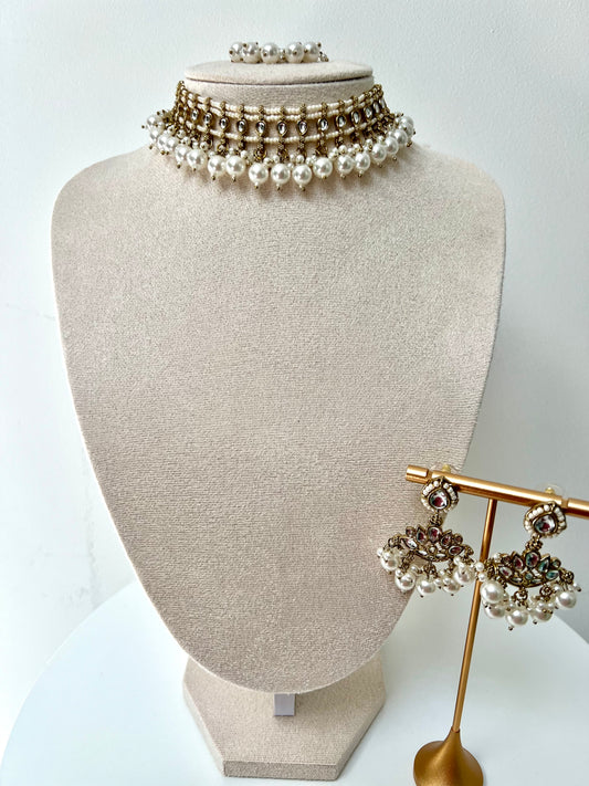 SARELA - Mehndi plated white pearl stoned high band necklace with matching jhumkas and tikka N3294