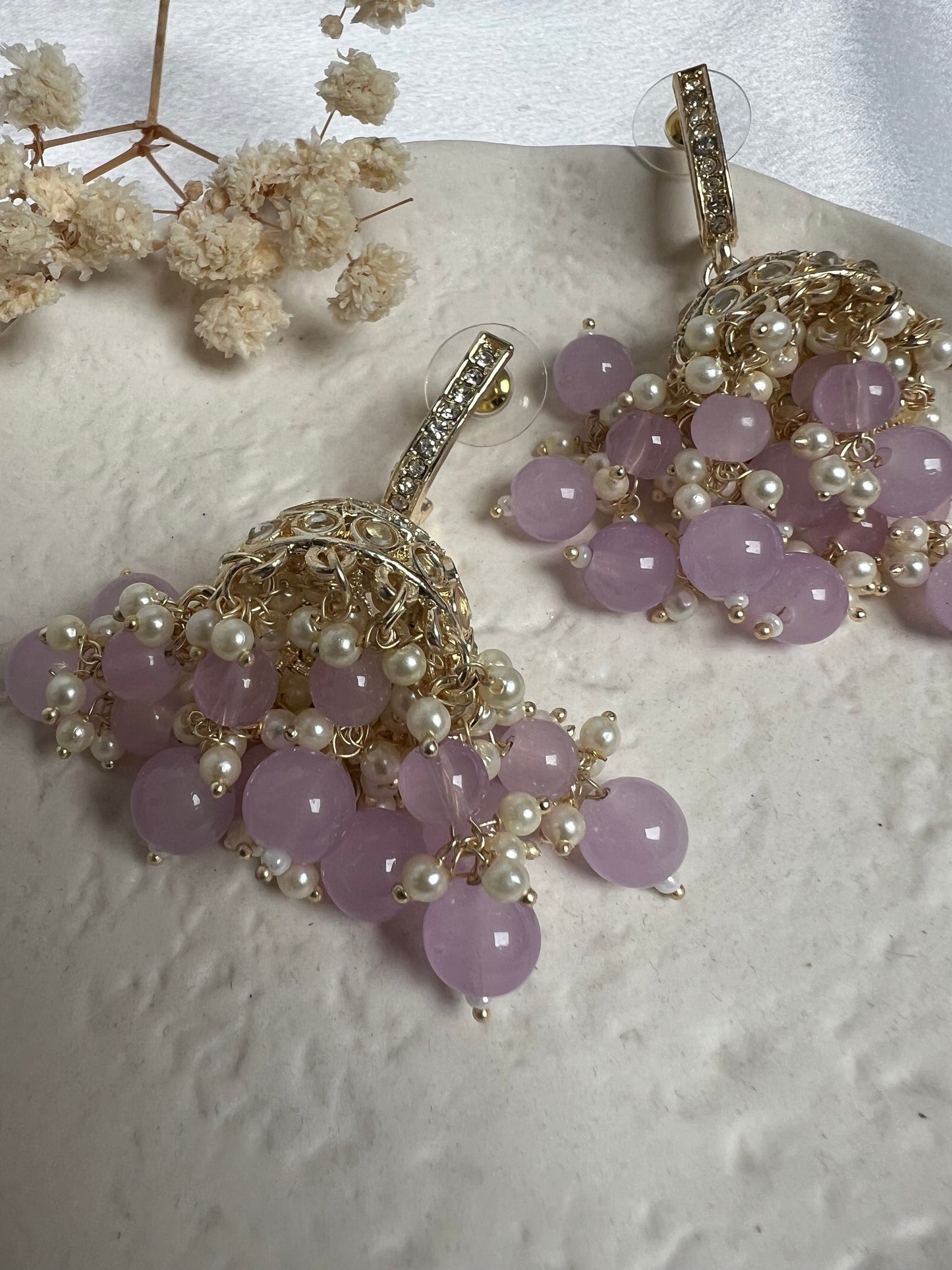 Light purple beaded gold plated jumkha earrings E3008