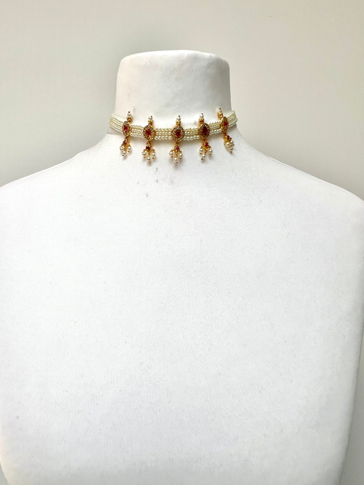 AADHIRA - Impon pearl choker in ruby and white stones with matching earrings  N3266