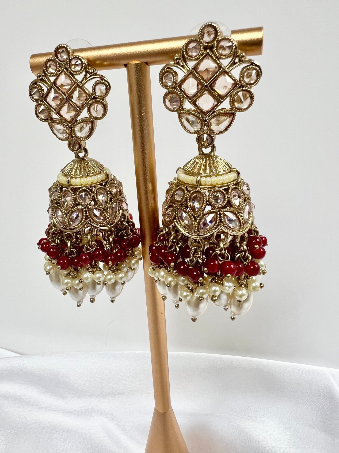 Antique mehndi plated maroon pearl jhumka earrings E3009