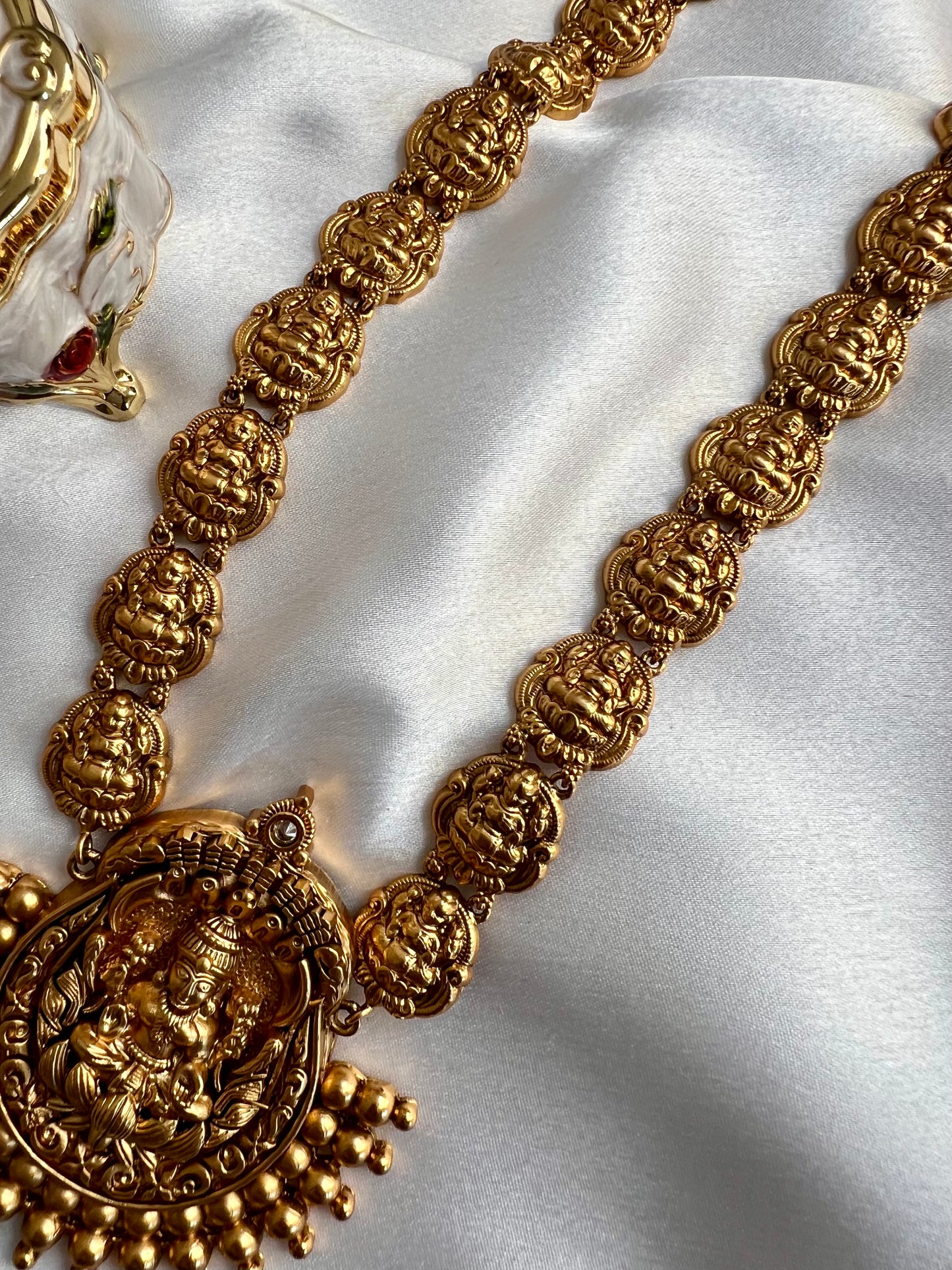 PRANAVI - Antique temple long gold plated necklace with matching jhumkas N3058