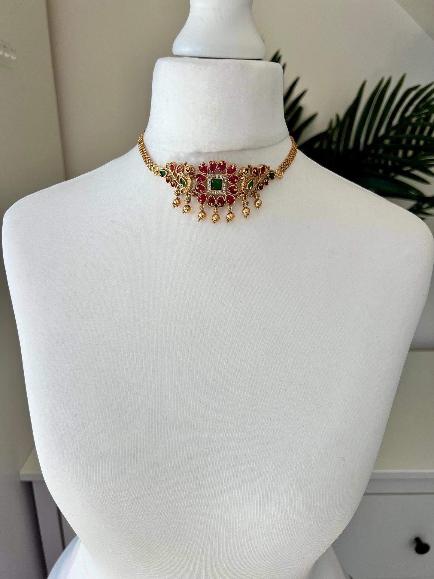 KIYA - Small peacock choker in rubygreen, golden ball choker set with small jhumkas N3130