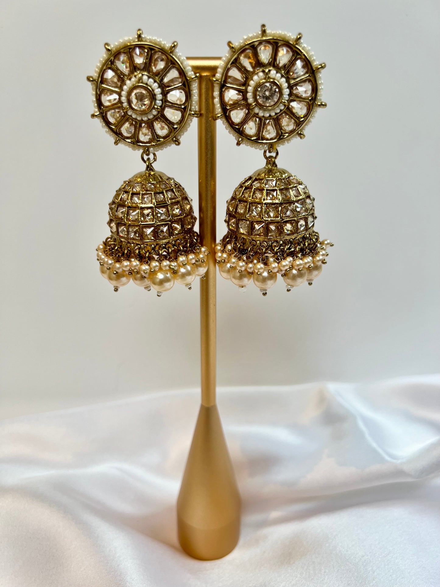 Big mehndi plated pearl and stone jhumka earrings E3041