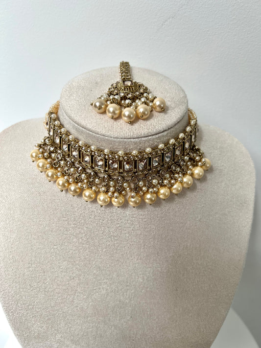 ANANTHIYA - Mehndi plated ivory pearl necklace with matching earrings and tikka N3298