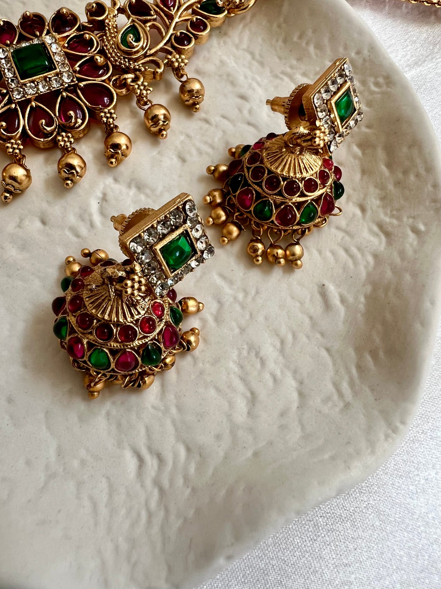 KIYA - Small peacock choker in rubygreen, golden ball choker set with small jhumkas N3130