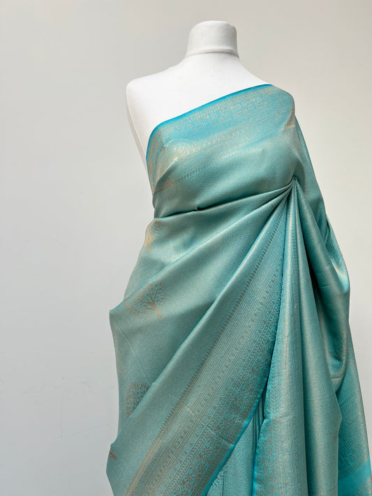 Ocean blue kubera silk saree with matching blouse and tassels attached S3006