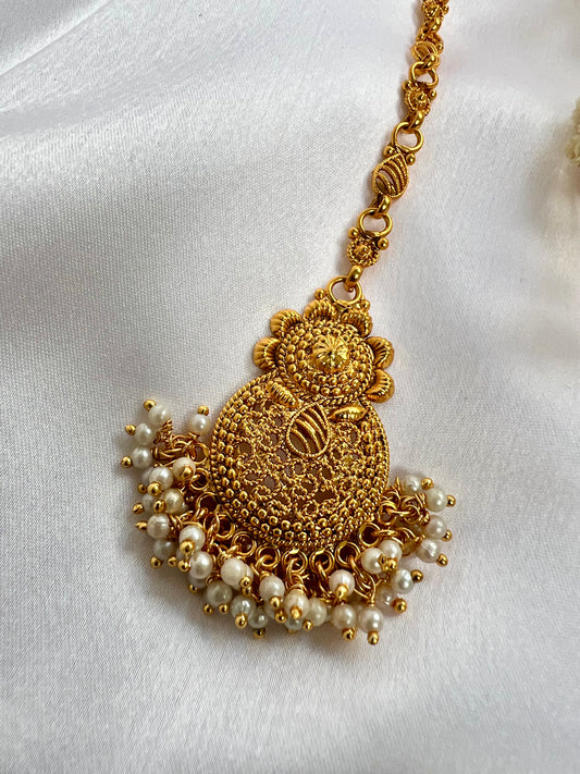 Traditional gold plated white pearl maang tikka T3001