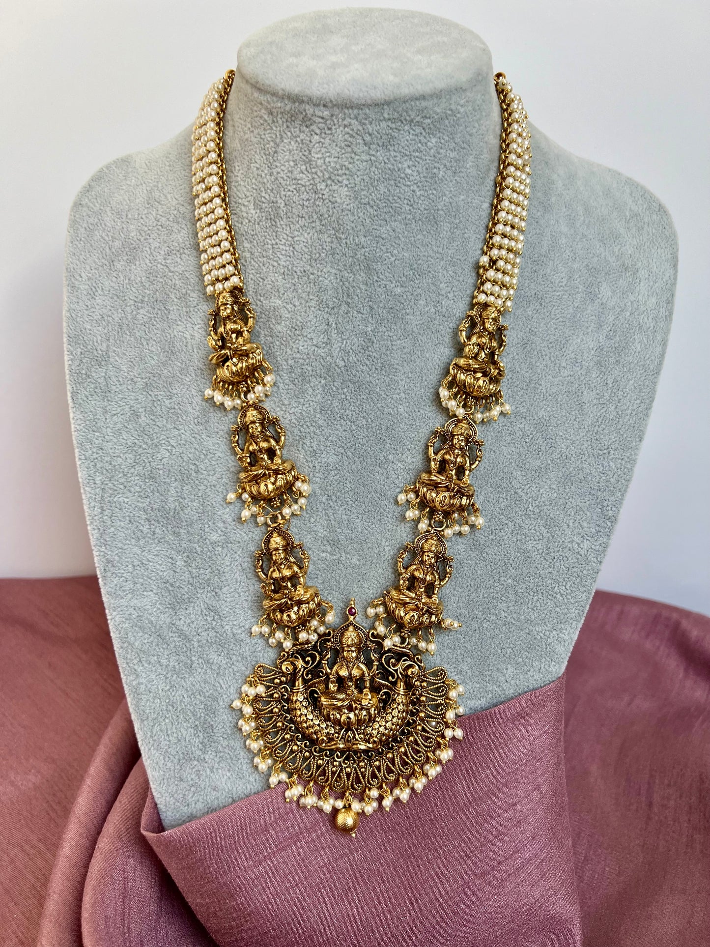 SHREYA - Bridal antique temple Lakshmi Haram pearl necklace with matching earringsN3098