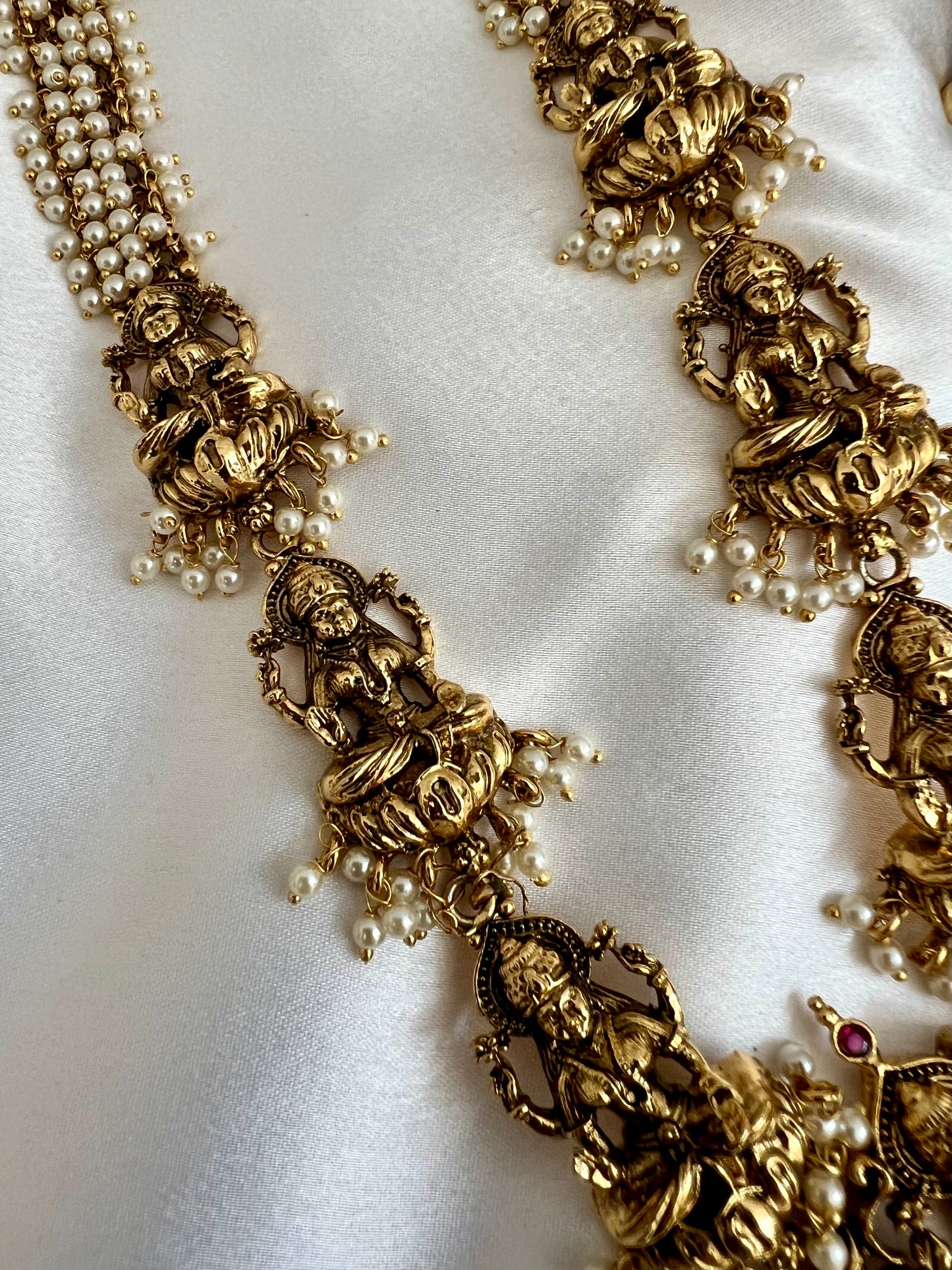 SHREYA - Bridal antique temple Lakshmi Haram pearl necklace with matching earringsN3098