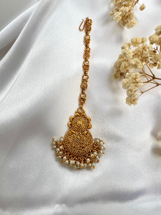 Traditional gold plated white pearl maang tikka T3001