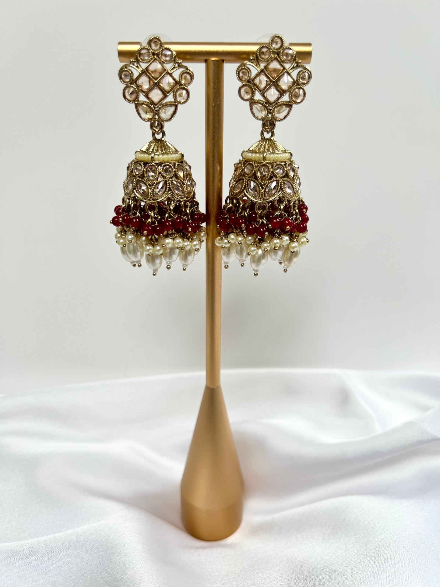 Antique mehndi plated maroon pearl jhumka earrings E3009