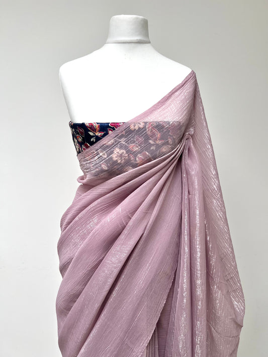 Lavendar crush chiffon saree with a crape silk blouse in navy S3015